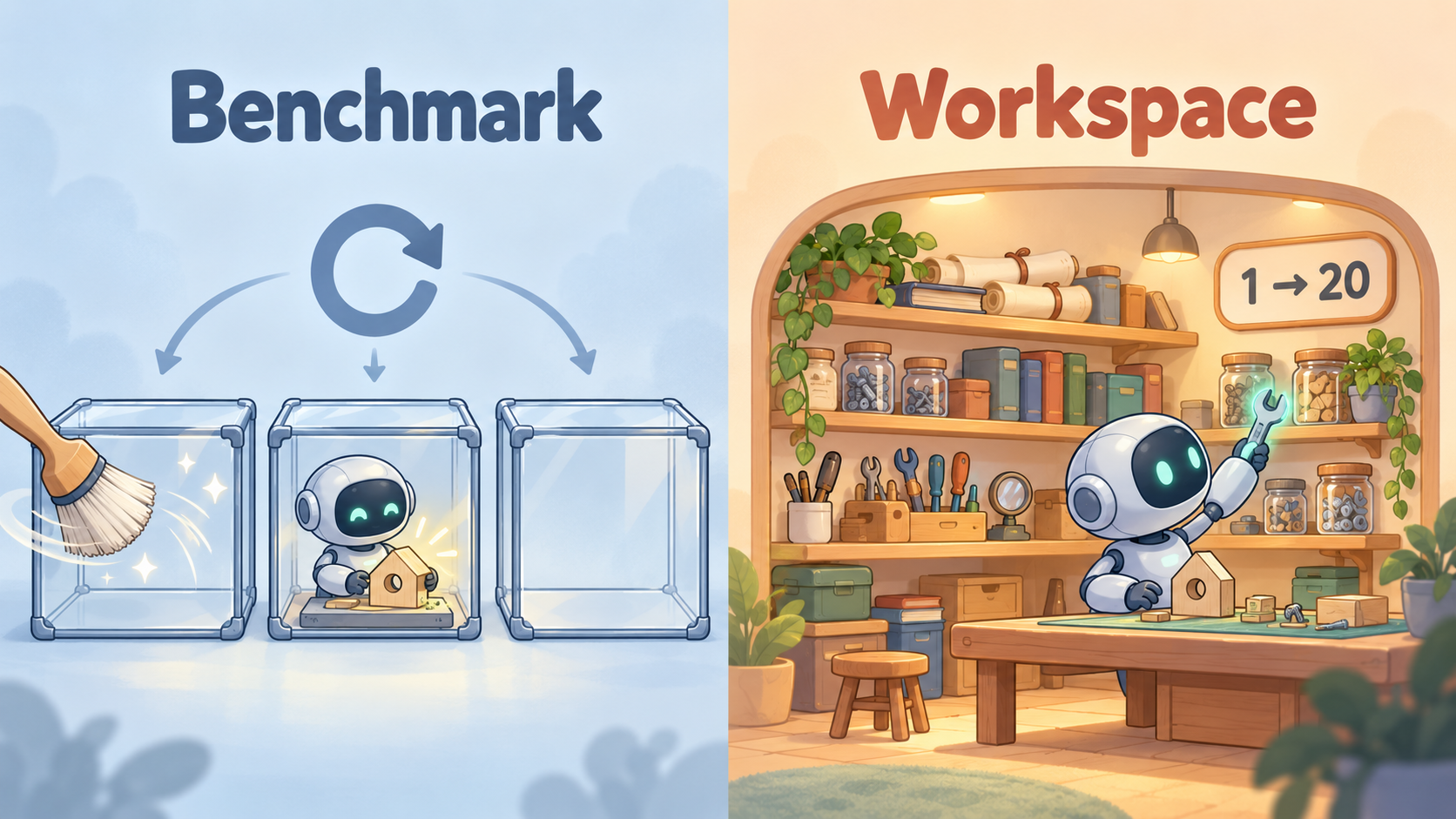 Benchmarks reset every task; a workspace keeps what it built