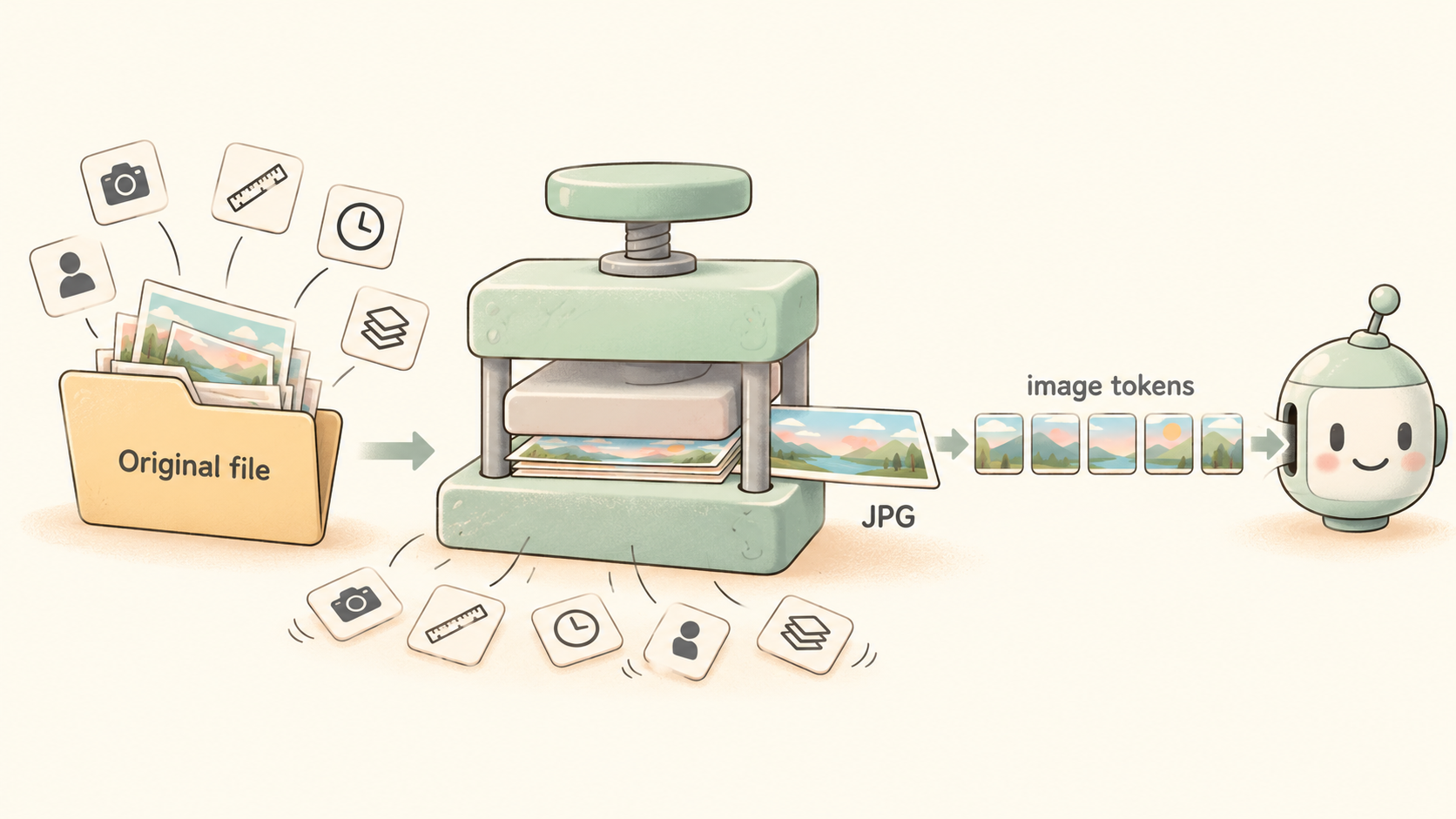 The original file is flattened into a JPG, then into image tokens; the metadata falls away before the model sees anything