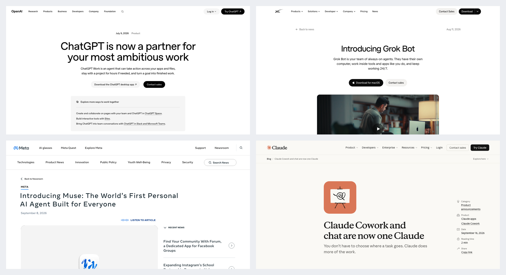Launch pages from OpenAI, SpaceXAI, Meta and Anthropic, July to September 2026