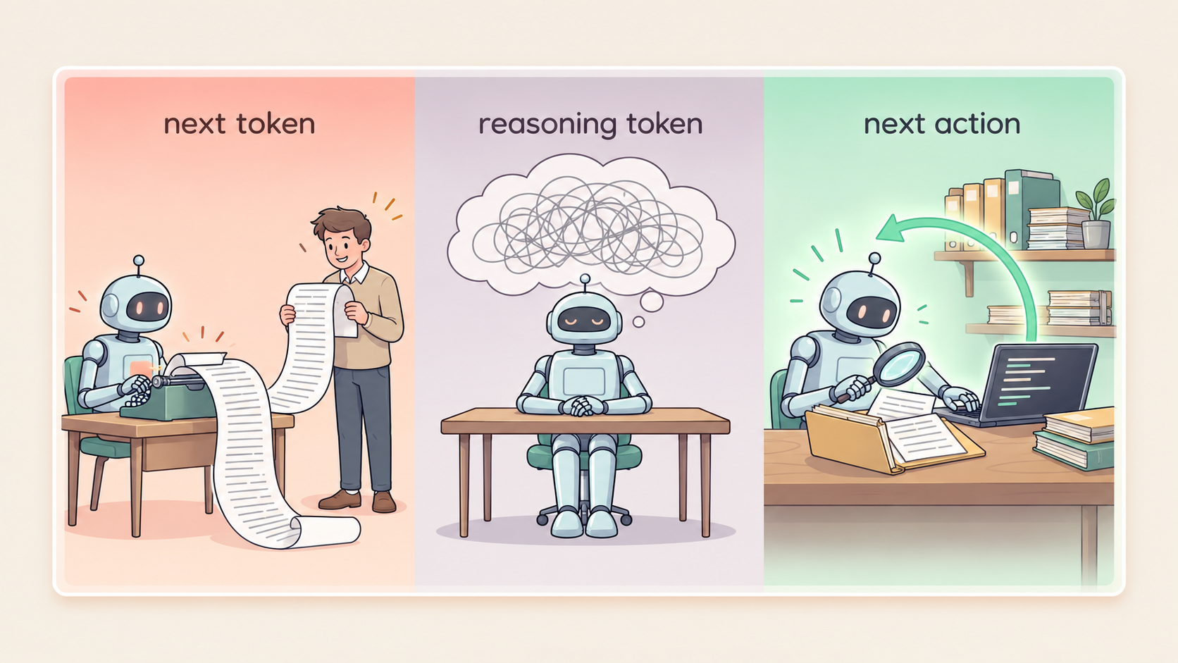 Next token, reasoning token, next action