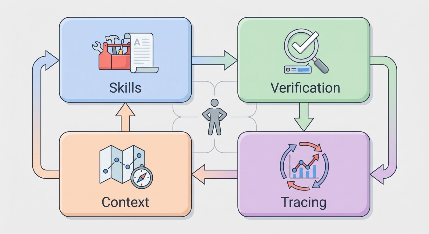Four components of a research harness β Skills, Verification, Context, Tracing β with the researcher at the center